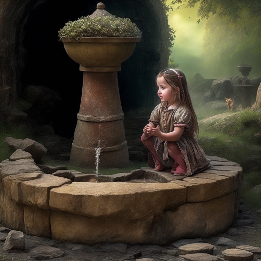 Leonardo_Creative_a_young_girl_is_sitting_in_front_of_the_well_0